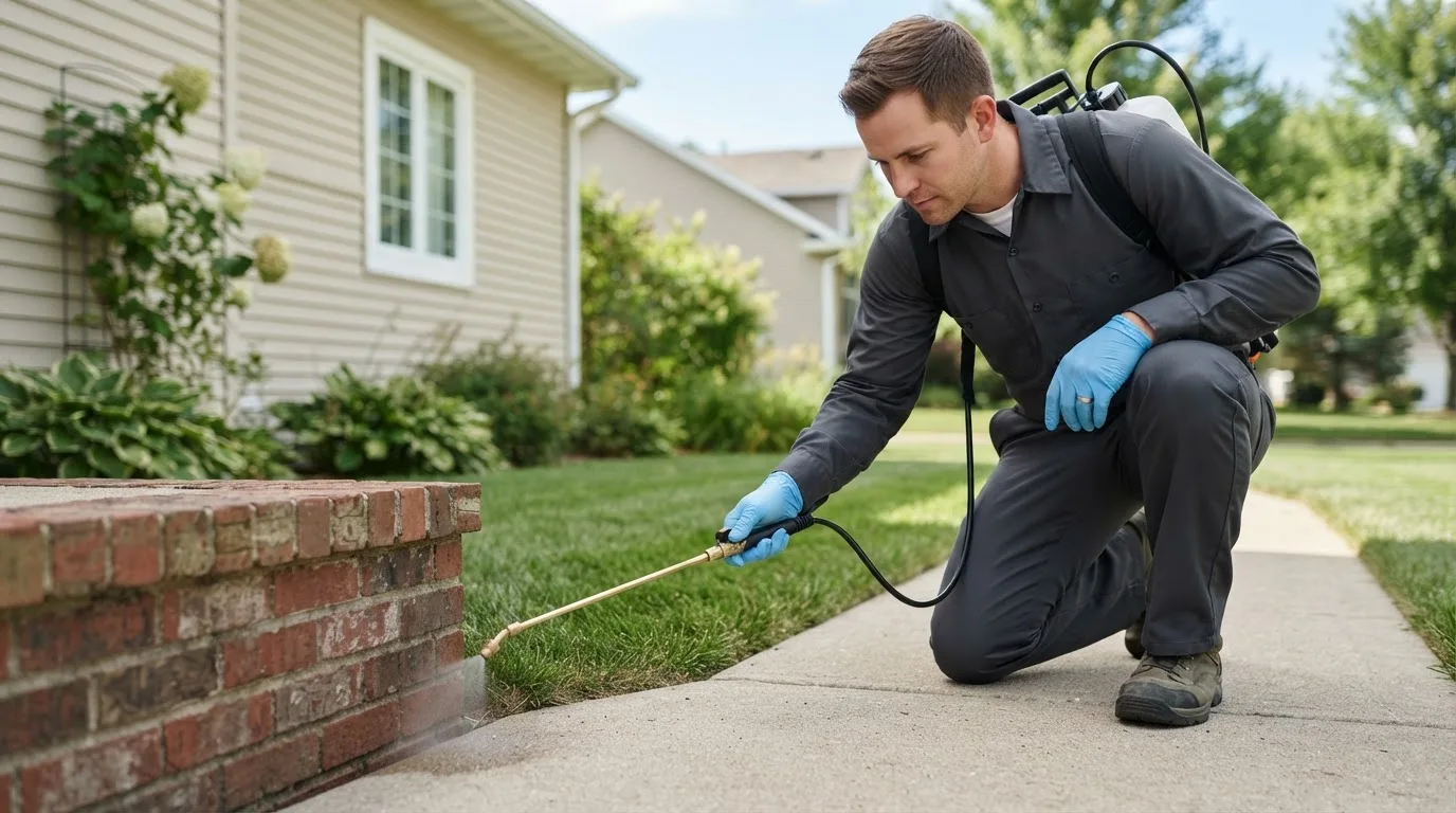 Pest control technician treating a home near Ellenboro, NC